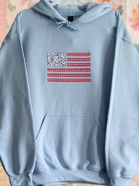 Floral Gingham Flag Patchwork Embroidered Light Blue Hoodie